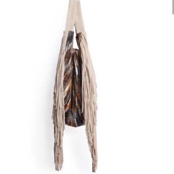 Johnny Was Elodie Plain Bag Boho‎ Gray Suede Leather  fringe colorful side NwOT - Picture 3 of 10